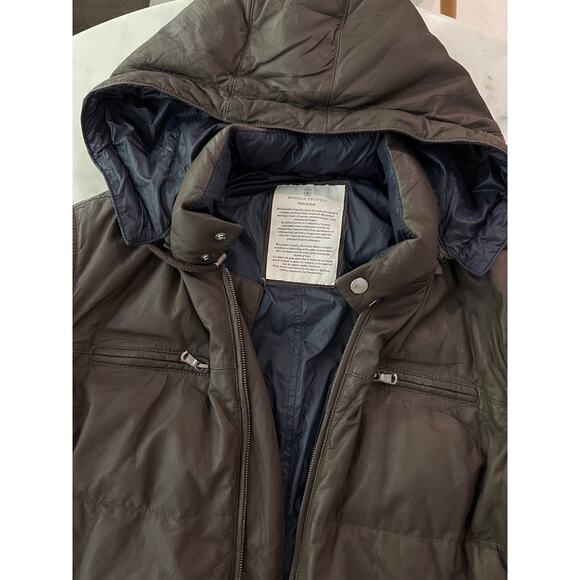 $7000 Brunello Cucinelli Brown Leather Puffer Jacket Removable Hood Men M/L - Picture 2 of 12